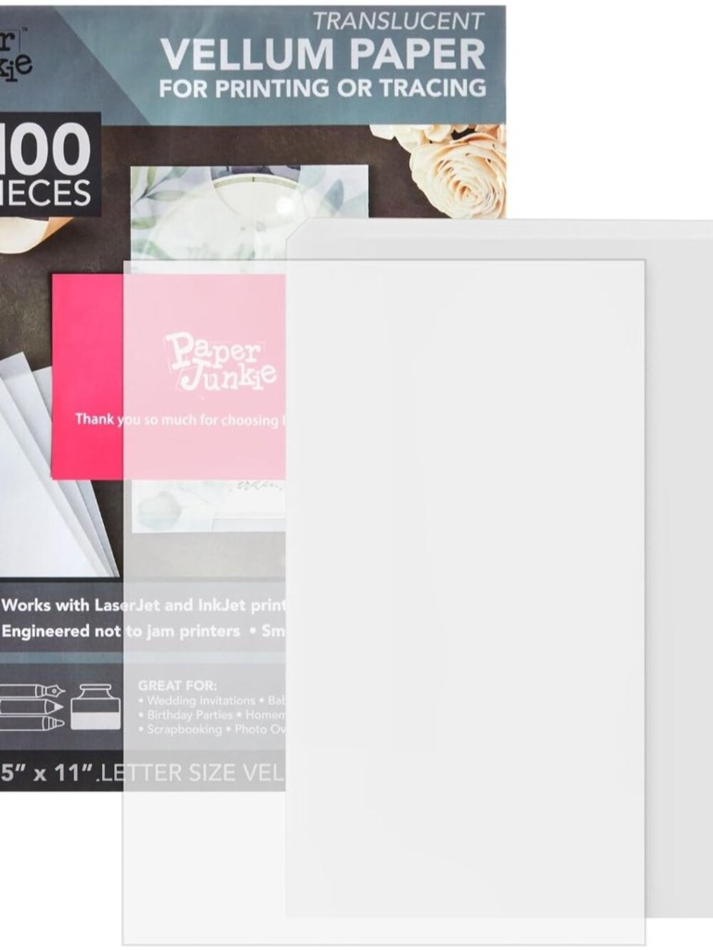 Vellum Paper - 8.5 x 11 in, 100 Sheets White Translucent & Transparent Printer S